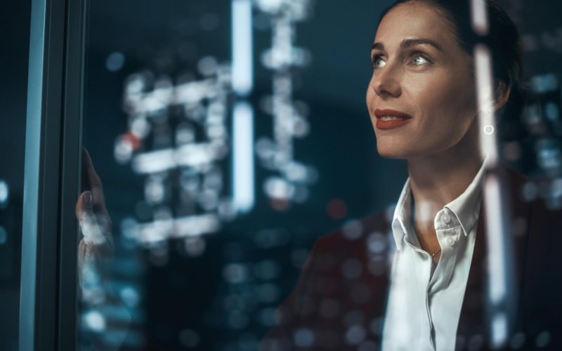 Office:,Successful,Businesswoman,In,Stylish,Suit,Working,,Looking,In,Wonder